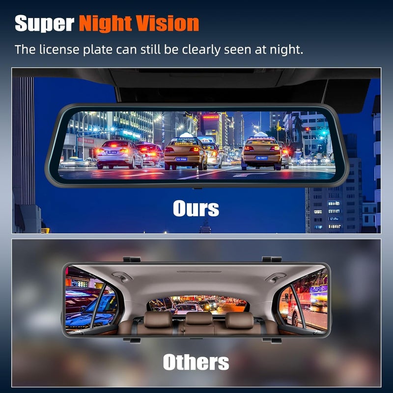 AMprime 9.66" Mirror Dash Cam,1080P Touchscreen Rear View Mirror Front and Rear View Dual Cameras,Super Night Vision,G-Sensor,Loop Recording,Parking Assistance,24H Parking Monitor,HD Waterproof Backup Camera - Image 3